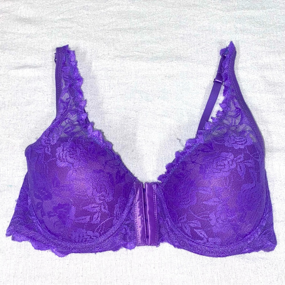 Purple Lace Front Closure Underwire Push-Up Bra - 34C